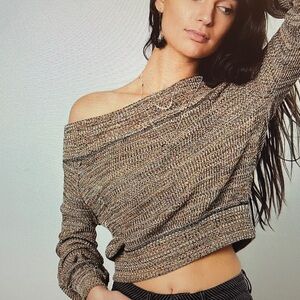 Free People Sugar Rush Off‎ the Shoulder Sweater Wild Horse Brown Cropped Size S
